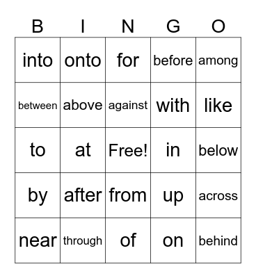 Prepositions Bingo Card