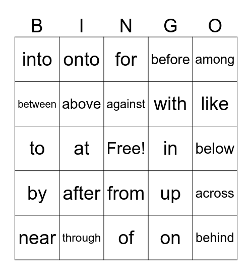 Prepositions Bingo Card