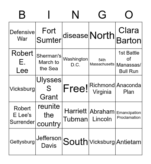 Civil War Review Bingo Card