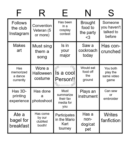 Cosplay Club Friendsgiving Bingo Card