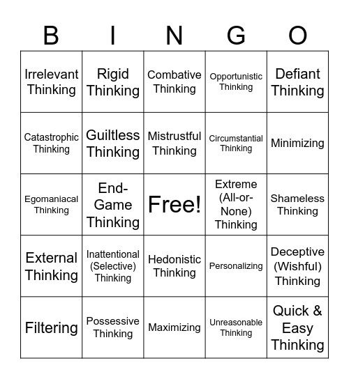 Errors in Thinking Bingo Card