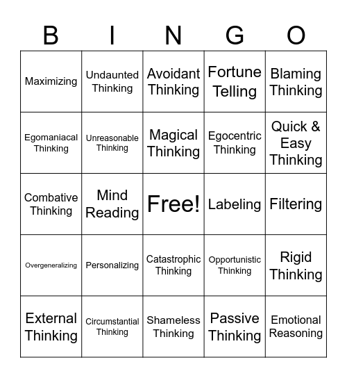 Errors in Thinking Bingo Card