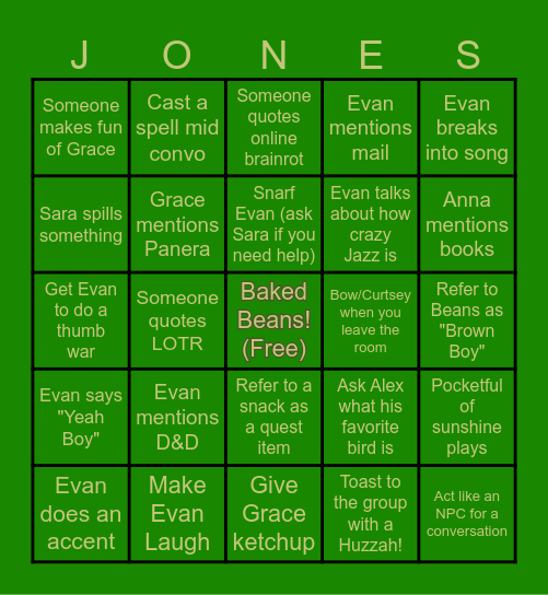 Evans Bday Bingo (SHHHH!) Bingo Card