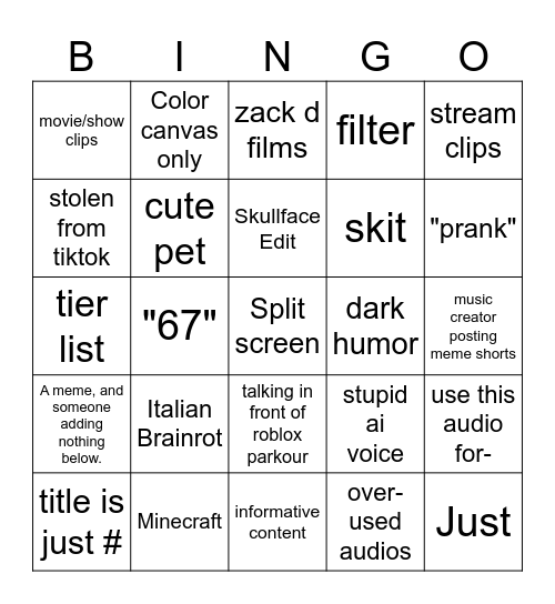 Youtube Shorts Bingo Card