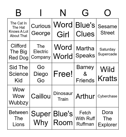 PBS KIDS SHOWS Bingo Card