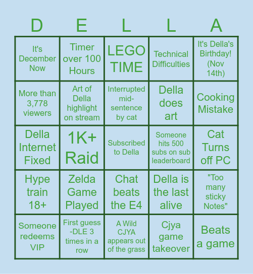 Della Birthday Subathon! Bingo Card
