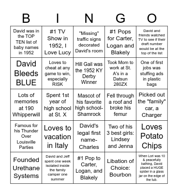 Celebrate David Bingo Card