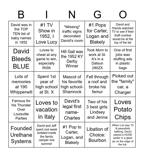 Celebrate David Bingo Card