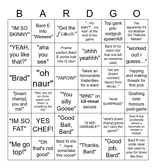bard goes binted Bingo Card
