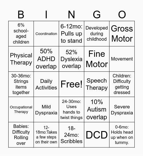 Dyspraxia Bingo Card