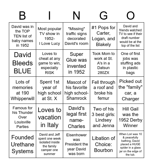 Celebrate David Bingo Card