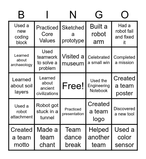 Fossil Finders Bingo Card