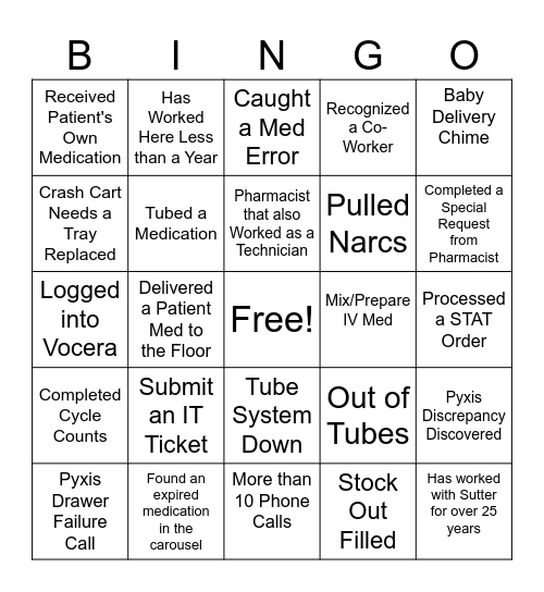 Pharmacy Bingo Card