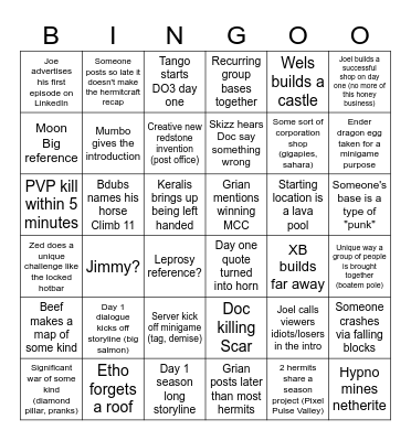 Hermitcraft Season 11 Day One Bingo Card
