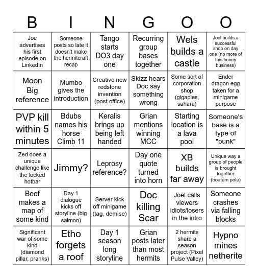 Hermitcraft Season 11 Day One Bingo Card