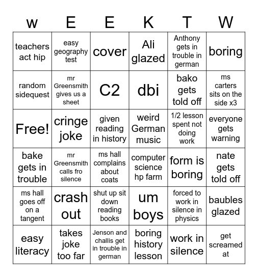 class bingo Card