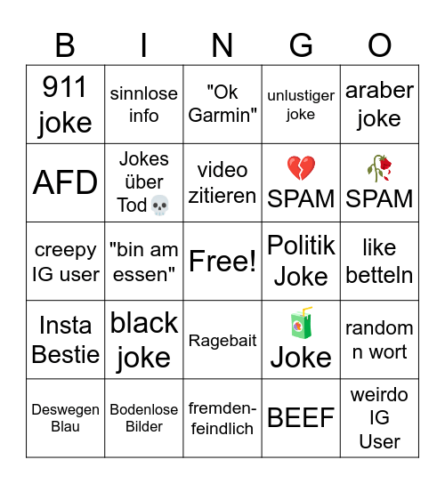 Instagram Reels Kommentare Bingo 1.0 Bingo Card