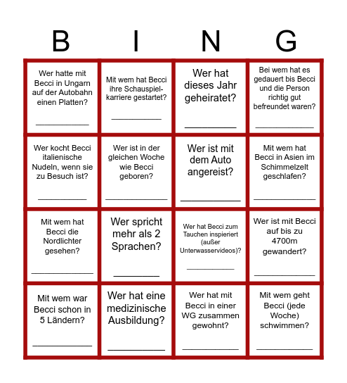 Becci's Birthday Bingo Card