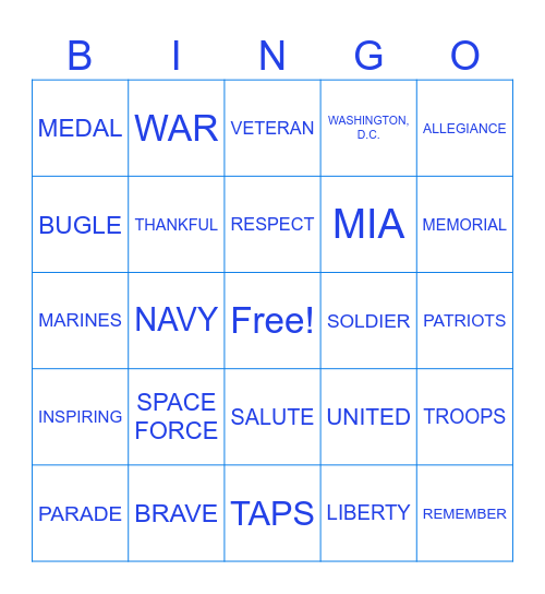 RED, WHITE AND BLUE BINGO Card