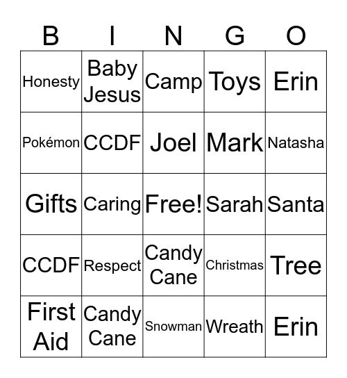 YMCA Christmas Bingo Card