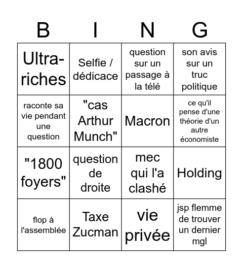 Cours de Zucman QUESTIONS ELEVES Bingo Card