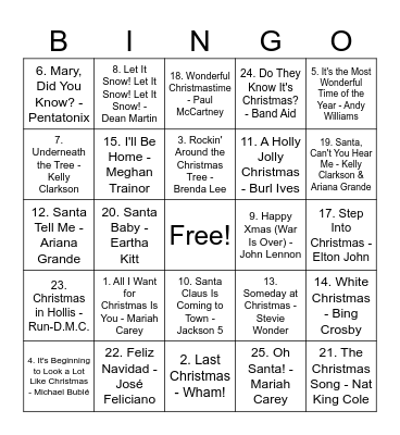 Christmas Music Playlist Bingo Card