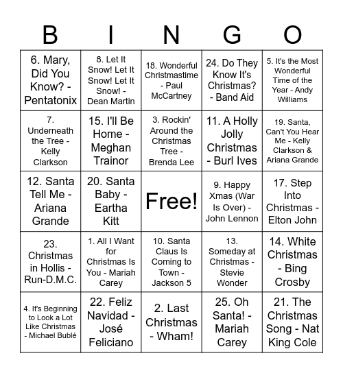 Christmas Music Playlist Bingo Card