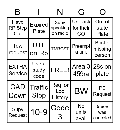 911 dispatcher Bingo Card
