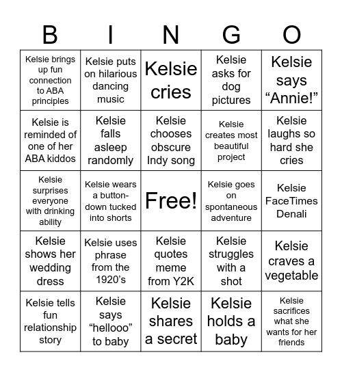 Kelsie Bachelorette Bingo Card