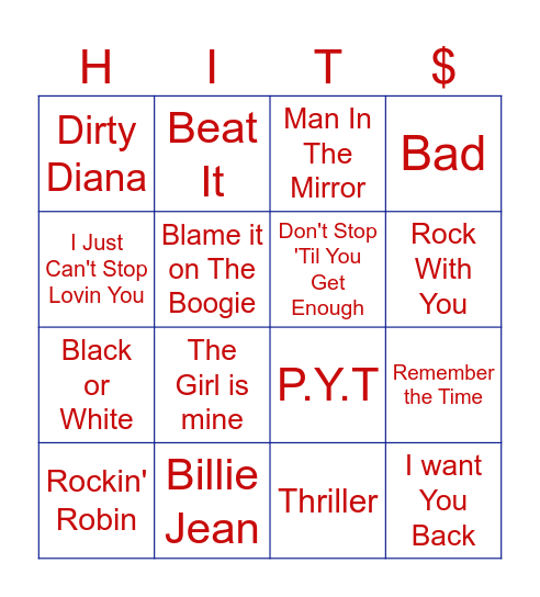 Michael Jackson Bingo Card