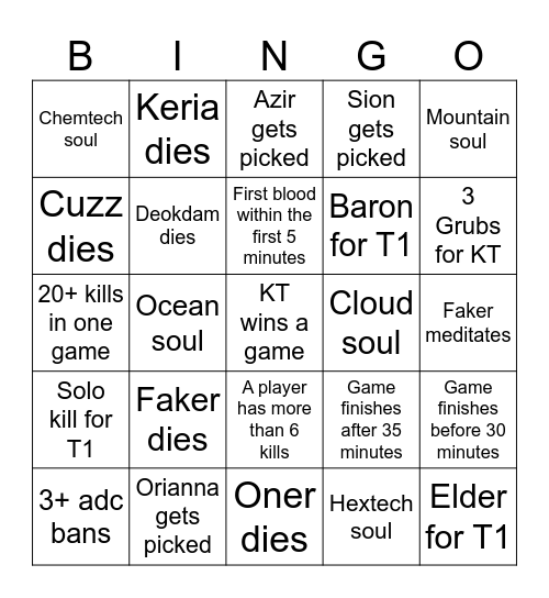 League of Legends Worlds 2025 Finals Bingo Card