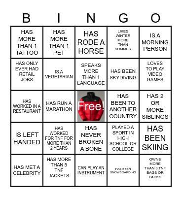 TNF Raleigh #46 Bingo Card