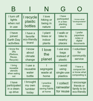 I'm a Eco-Warrior! Bingo Card