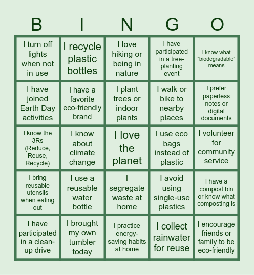 I'm a Eco-Warrior! Bingo Card