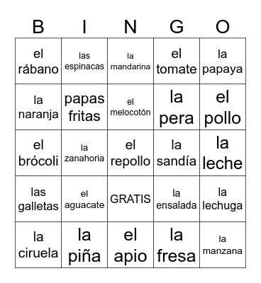 Frutas y Verduras Bingo Card
