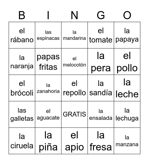 Frutas y Verduras Bingo Card