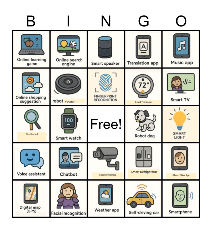 Artificial Intelligence Devices/Apps Bingo Card