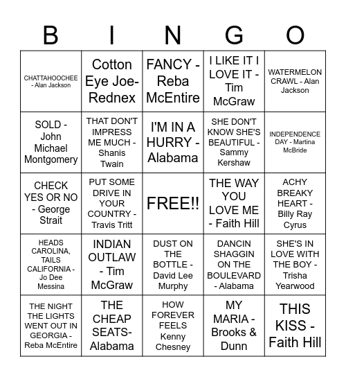 90'S COUNTRY 2 Bingo Card