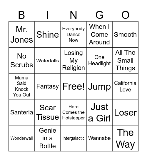 90's Hits 2 Bingo Card