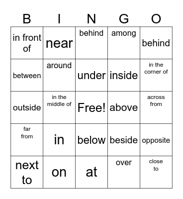 Prepositions of place Bingo Card