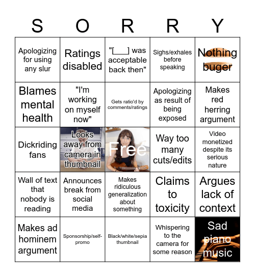 Apology Video Bingo Card