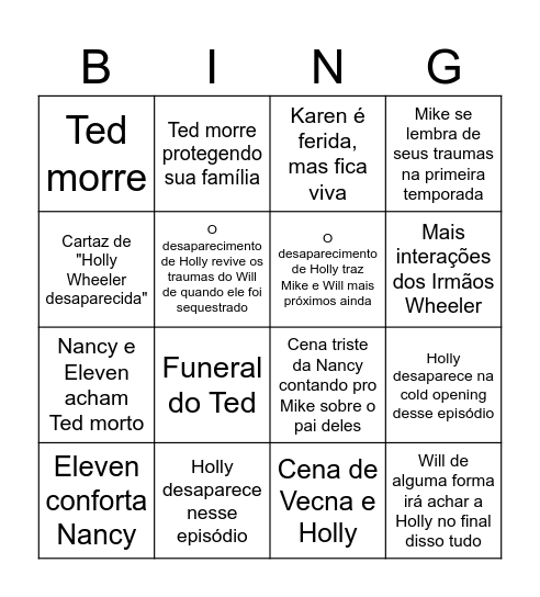 THE VANISHING OF HOLLY WHEELER Bingo Card