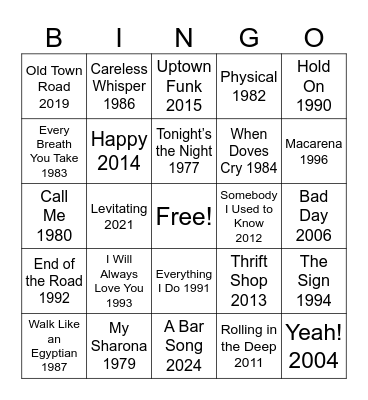 Songs of the Year 1975 - 2025 Bingo Card