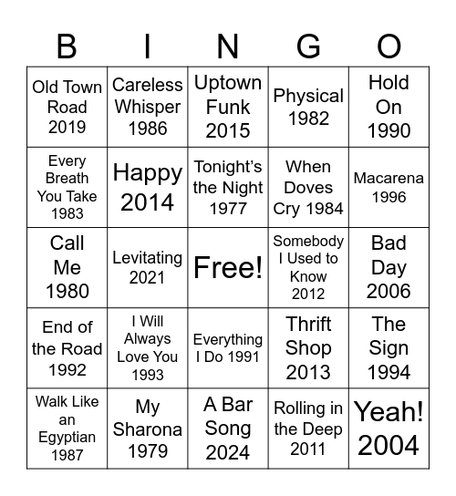 Songs of the Year 1975 - 2025 Bingo Card