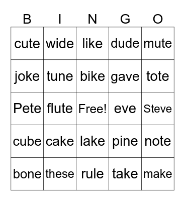 Long Vowel Magic E Bingo Card