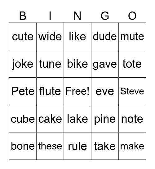 Long Vowel Magic E Bingo Card