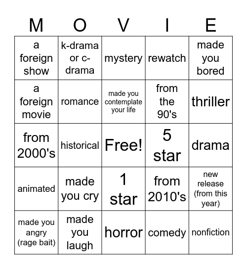 movie/show bingo! Bingo Card