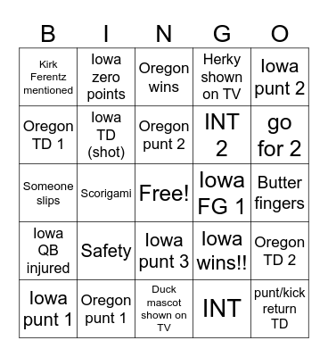 20 Iowa vs 9 Oregon Bingo Card