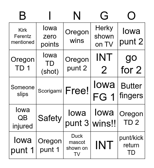 20 Iowa vs 9 Oregon Bingo Card