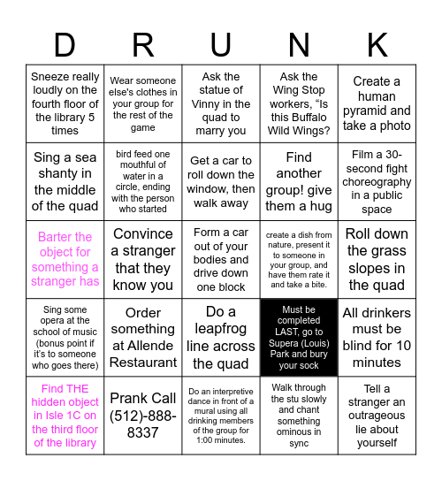 Drunk Olympics Bingo Card